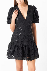 black sequin lace fitted flared mini dress
