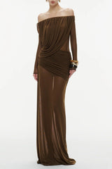 cara Off-shoulder long sleeve pleated mesh maxi dress in brown