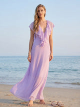 simona Deep V-neck lace backless maxi dress in purple