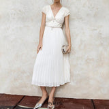 karen v-neck bow pleated chiffon midi dress - white