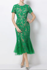Rhinestone flower hollow lace fishtail midi dress - green