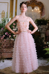 Pink Princess layer ruffle midi floral Embroidery strapless Dress