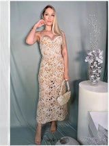 jessie camel Lace hollow Sleeveless Floral embroidered maxi Dress