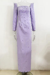 purple square neck long sleeve nail bead diamond maxi dress