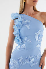 novia one-shoulder 3d flower embroidery bodycon maxi dress - blue