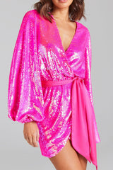 Irregular sequin slit mini dress in rose red