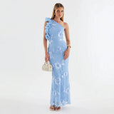 novia one-shoulder 3d flower embroidery bodycon maxi dress - blue