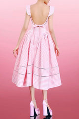 xylia bowknot neck plaid sleeveless midi dress - pink