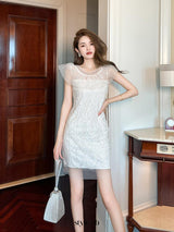 diana pearl detail sequin mini dress in white