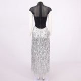 tassel sequin black corset maxi dress