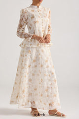 rebecca yellow Floral embroidered long-sleeve top skirt set