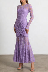 penny lace  hollow ruched bodycon long sleeve maxi dress in purple