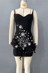 hedy Rhinestone Feather Bandage Strappy mini Dress - black