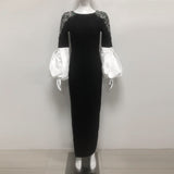 ellen black Long Sleeve Rhinestone Contrast Bandage Maxi Dress