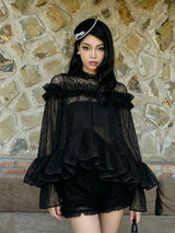 vanessa black Floral Lace Ruffled Top & Shorts Set