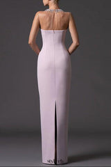 pink mesh splicing bead  long dress with diamonds