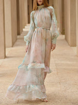 olga floral print  lantern sleeve layer Sheer maxi dress