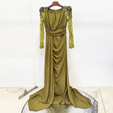 nail bead set with diamonds small trailing long dress olive green