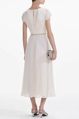 karen v-neck bow pleated chiffon midi dress - white