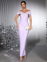 belen Diamond off-Shoulder bodycon Maxi Bandage Dress in pale purple