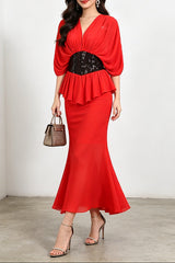 yvette v-neck fishtail bodycon maxi dress - red
