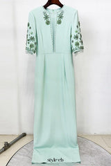 mesh splicing bead diamond mid-sleeve mint green long dress