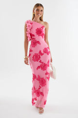 novia one-shoulder 3d flower embroidery bodycon maxi dress - pink