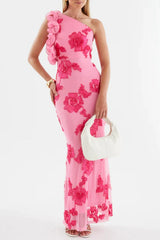 novia one-shoulder 3d flower embroidery bodycon maxi dress - pink