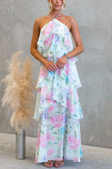 Floral Ruffle Halter Neck Midi Dress - blue