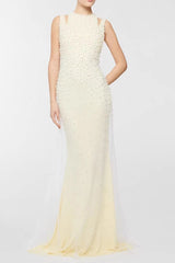 Pearl tassel off-shoulder fishtail maxi dress - yellow