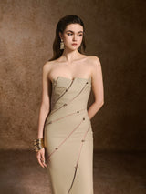 angela Asymmetrical Off Shoulder Midi Dress in Khaki