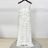 white nail bead layered lotus leaf slit maxi dress