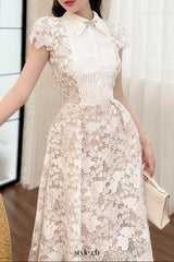 leila white 3D Flower embroidery Bow Lace midi Dress
