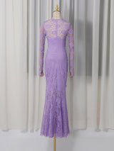 penny lace  hollow ruched bodycon long sleeve maxi dress in purple