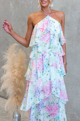 Floral Ruffle Halter Neck Midi Dress - blue