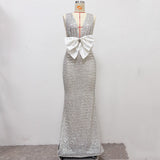rebecca bow sequin embellished v neck maxi dress in silver