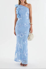 novia one-shoulder 3d flower embroidery bodycon maxi dress - blue