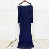 navy blue one-line collar bead diamond long dress