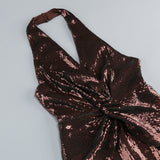 nora brown Sequin halterneck deep V high waist flared jumpsuit