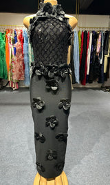 phoenix 3d flower sequin halter bandage maxi dress in black