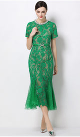Rhinestone flower hollow lace fishtail midi dress - green