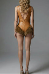 ashley v-neck leather fur trim mini dress in brown