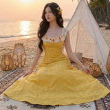 lace halter-neck 3d flower maxi dress - Yellow