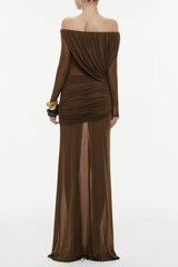 cara Off-shoulder long sleeve pleated mesh maxi dress in brown