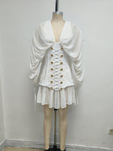 trista white V-neck mesh pleated cinched waist with belt