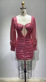 zenobia Ruched cut out Sequin Mini Dress in pink