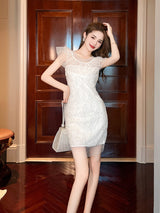 diana pearl detail sequin mini dress in white