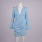 deep V-neck feather sleeve blazer mini dress - Light blue