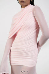 High-neck drapey pleated mesh panel maxi dress in pink