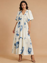 susie Print Smocking Puff Sleeve Midi Dress - blue